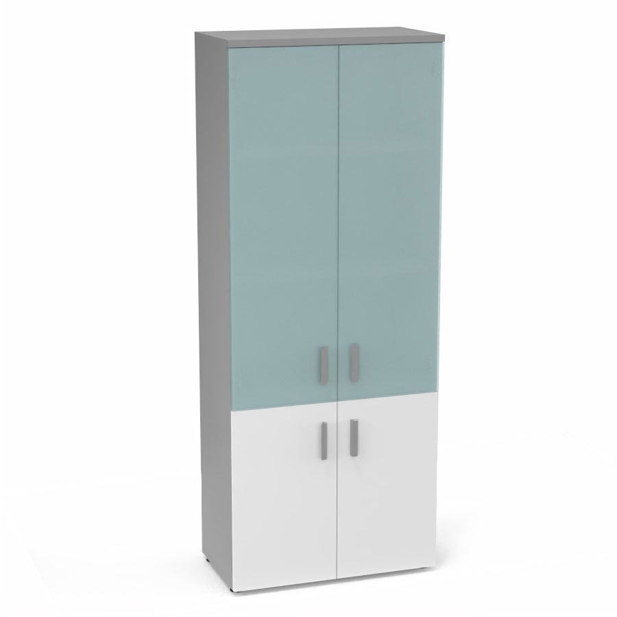 Armoire mlamine Armand 4 tablettes H. 202,1 x L. 80 x P. 43,2 cm corps et top finition mlamine gris aluminium avec 2 portes soft-closing H 73,5 cm mlamine blanc neige et 2 portes H. 133,5 cm verre dpoli transparent