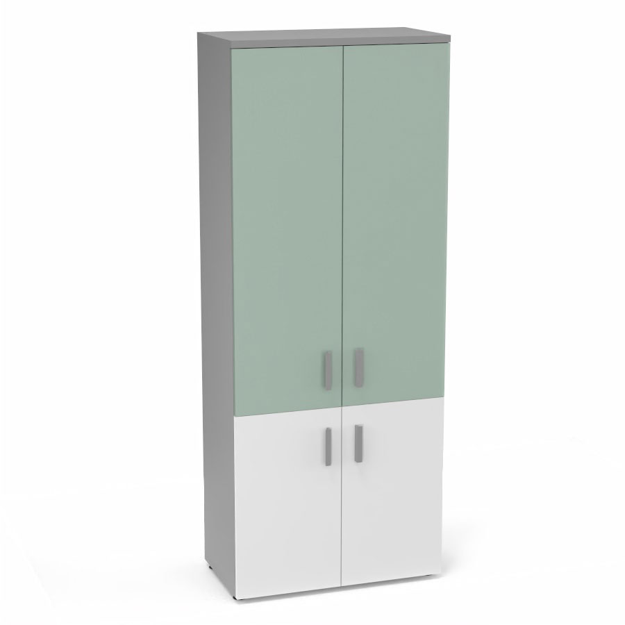 Armoire mlamine Armand 4 tablettes H. 202,1 x L. 80 x P. 43,2 cm corps et top finition mlamine gris aluminium avec 2 portes soft-closing H 73,5 cm mlamine blanc neige et 2 portes H. 133,5 cm verre maill blanc