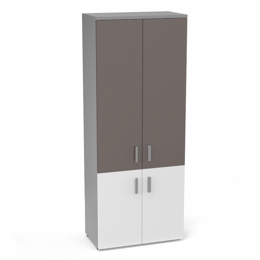 Armoire mlamine Armand 4 tablettes H. 202,1 x L. 80 x P. 43,2 cm corps et top finition mlamine gris aluminium avec 2 portes soft-closing H 73,5 cm mlamine blanc neige et 2 portes H. 133,5 cm verre maill gris souris