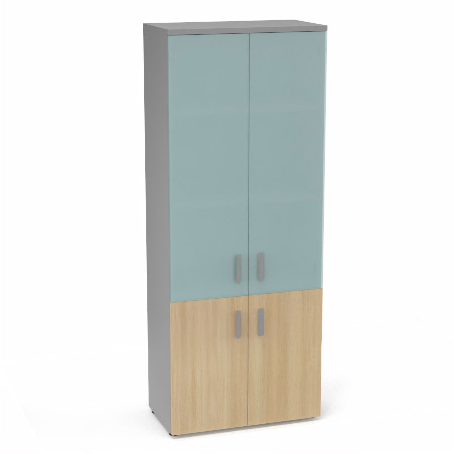 Armoire mlamine Armand 4 tablettes H. 202,1 x L. 80 x P. 43,2 cm corps et top finition mlamine gris aluminium avec 2 portes soft-closing H 73,5 cm mlamine chne clair et 2 portes H. 133,5 cm verre dpoli transparent