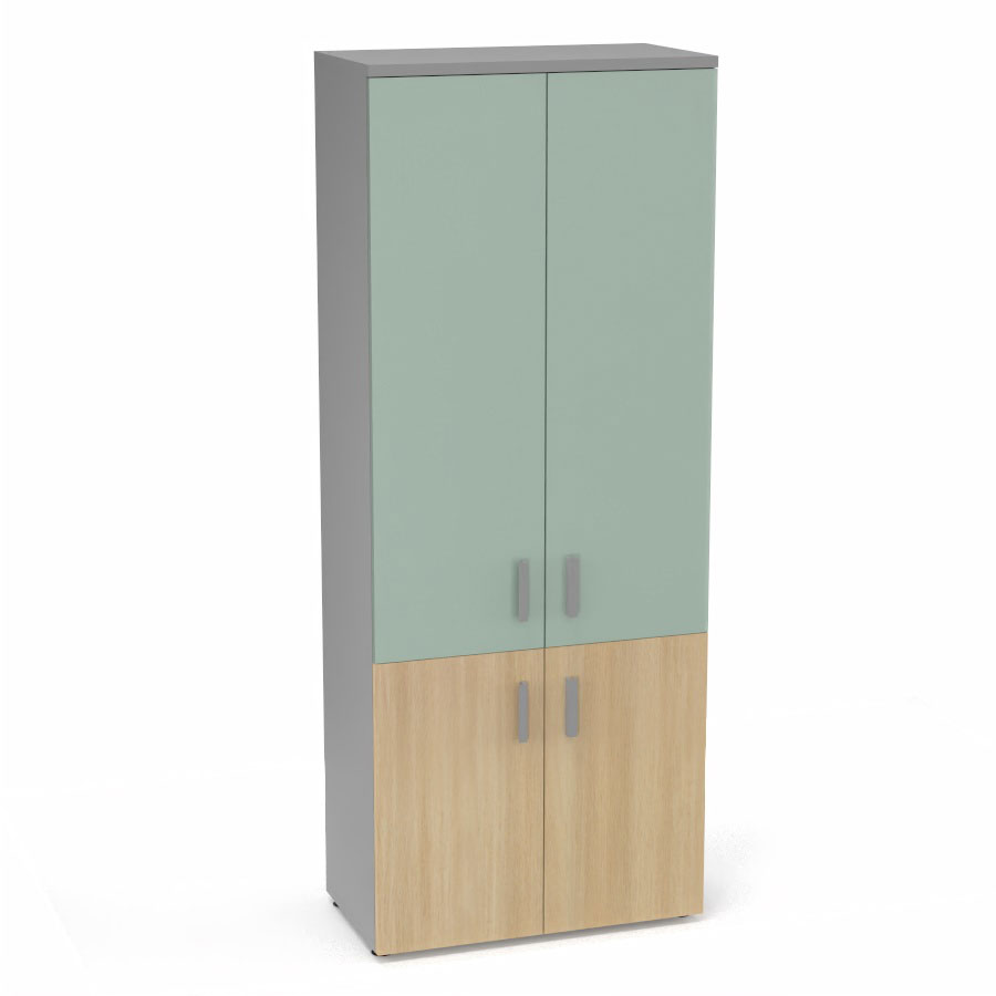 Armoire mlamine Armand 4 tablettes H. 202,1 x L. 80 x P. 43,2 cm corps et top finition mlamine gris aluminium avec 2 portes soft-closing H 73,5 cm mlamine chne clair et 2 portes H. 133,5 cm verre maill blanc
