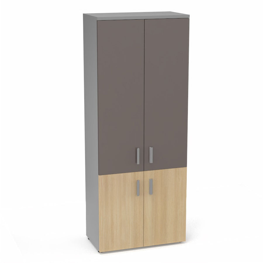 Armoire mlamine Armand 4 tablettes H. 202,1 x L. 80 x P. 43,2 cm corps et top finition mlamine gris aluminium avec 2 portes soft-closing H 73,5 cm mlamine chne clair et 2 portes H. 133,5 cm verre maill gris souris