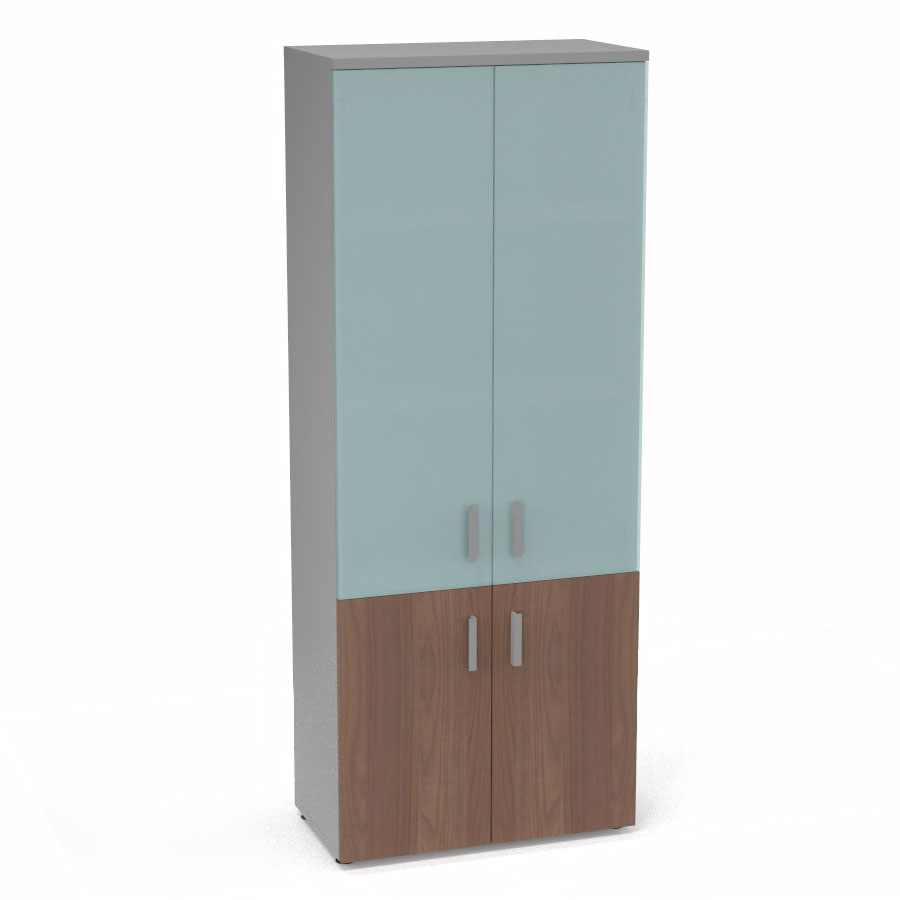 Armoire mlamine Armand 4 tablettes H. 202,1 x L. 80 x P. 43,2 cm corps et top finition mlamine gris aluminium avec 2 portes soft-closing H 73,5 cm mlamine noyer ambr et 2 portes H. 133,5 cm verre dpoli transparent