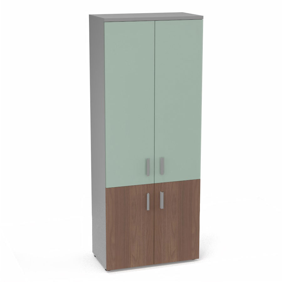 Armoire mlamine Armand 4 tablettes H. 202,1 x L. 80 x P. 43,2 cm corps et top finition mlamine gris aluminium avec 2 portes soft-closing H 73,5 cm mlamine noyer ambr et 2 portes H. 133,5 cm verre maill blanc