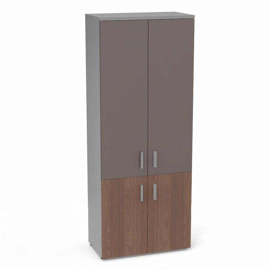 Armoire mlamine Armand 4 tablettes H. 202,1 x L. 80 x P. 43,2 cm corps et top finition mlamine gris aluminium avec 2 portes soft-closing H 73,5 cm mlamine noyer ambr et 2 portes H. 133,5 cm verre maill gris souris