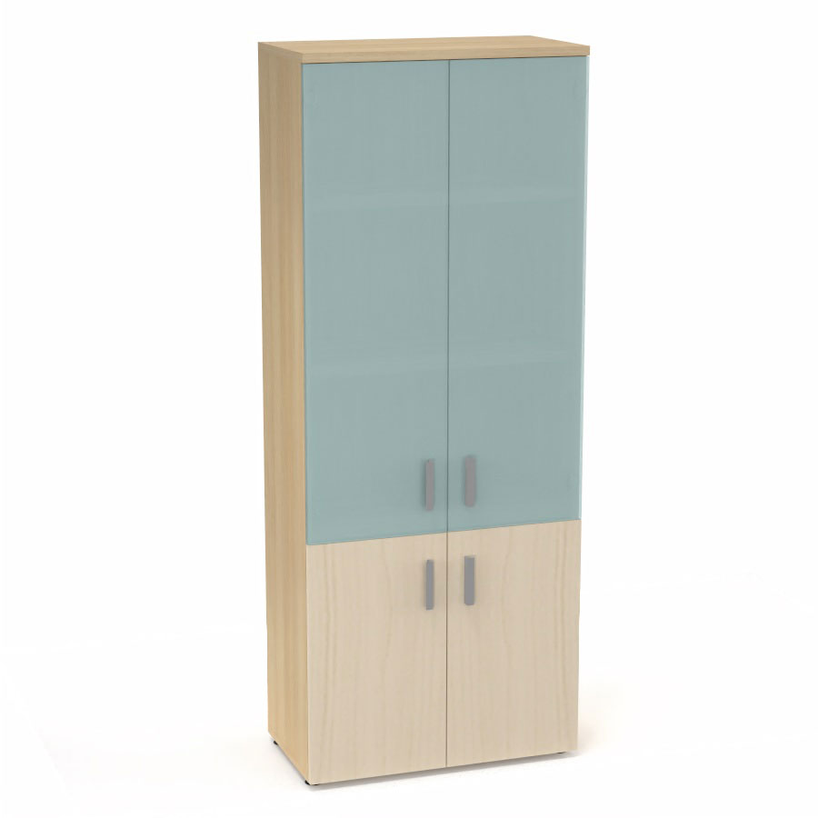Armoire mlamine Armand 4 tablettes H. 202,1 x L. 80 x P. 43,2 cm corps et top finition mlamine chne clair avec 2 portes soft-closing H 73,5 cm mlamine rable blanc et 2 portes H. 133,5 cm verre dpoli transparent