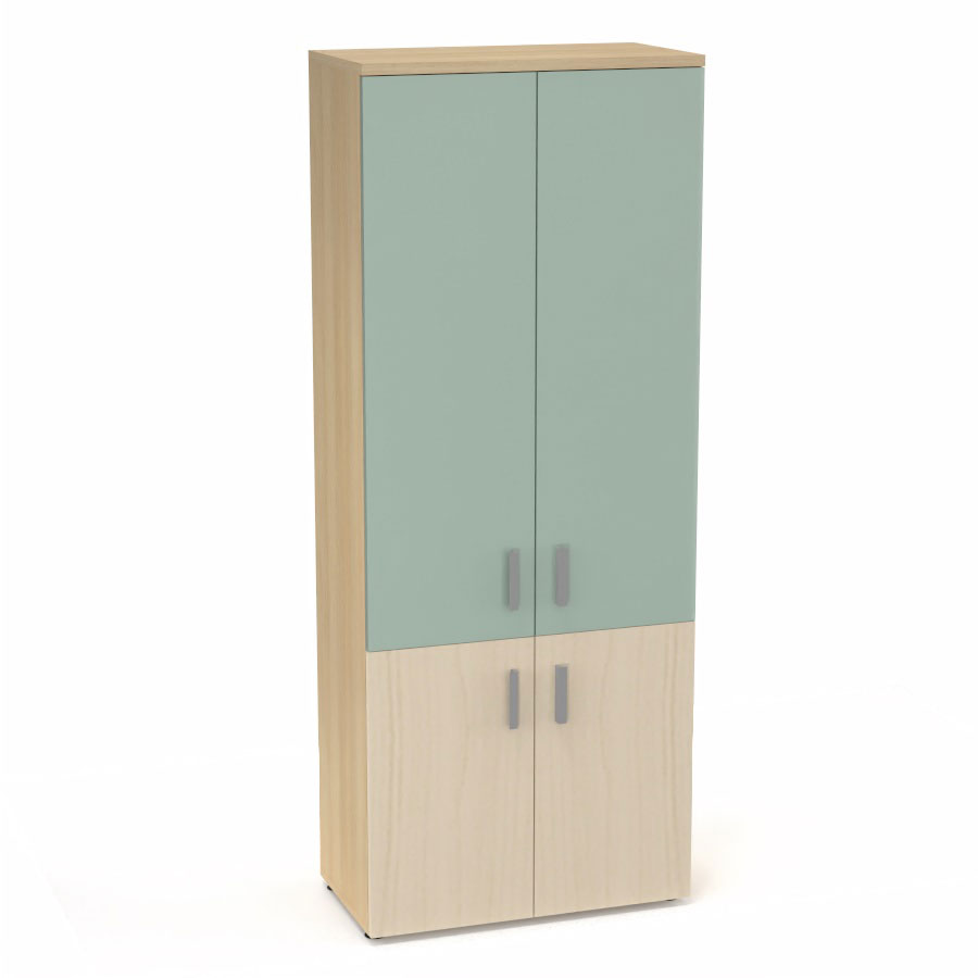 Armoire mlamine Armand 4 tablettes H. 202,1 x L. 80 x P. 43,2 cm corps et top finition mlamine chne clair avec 2 portes soft-closing H 73,5 cm mlamine rable blanc et 2 portes H. 133,5 cm verre maill blanc