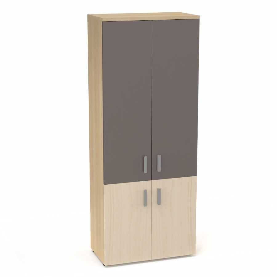 Armoire mlamine Armand 4 tablettes H. 202,1 x L. 80 x P. 43,2 cm corps et top finition mlamine chne clair avec 2 portes soft-closing H 73,5 cm mlamine rable blanc et 2 portes H. 133,5 cm verre maill gris souris