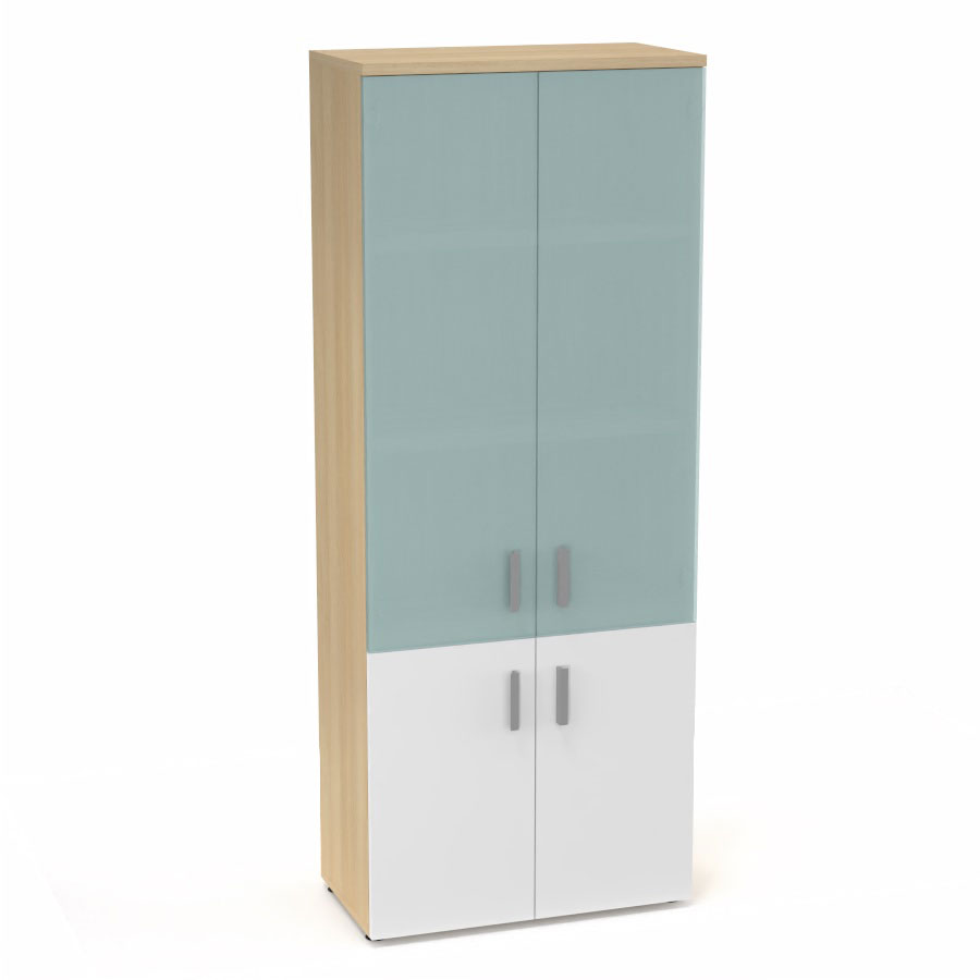 Armoire mlamine Armand 4 tablettes H. 202,1 x L. 80 x P. 43,2 cm corps et top finition mlamine chne clair avec 2 portes soft-closing H 73,5 cm mlamine blanc neige et 2 portes H. 133,5 cm verre dpoli transparent
