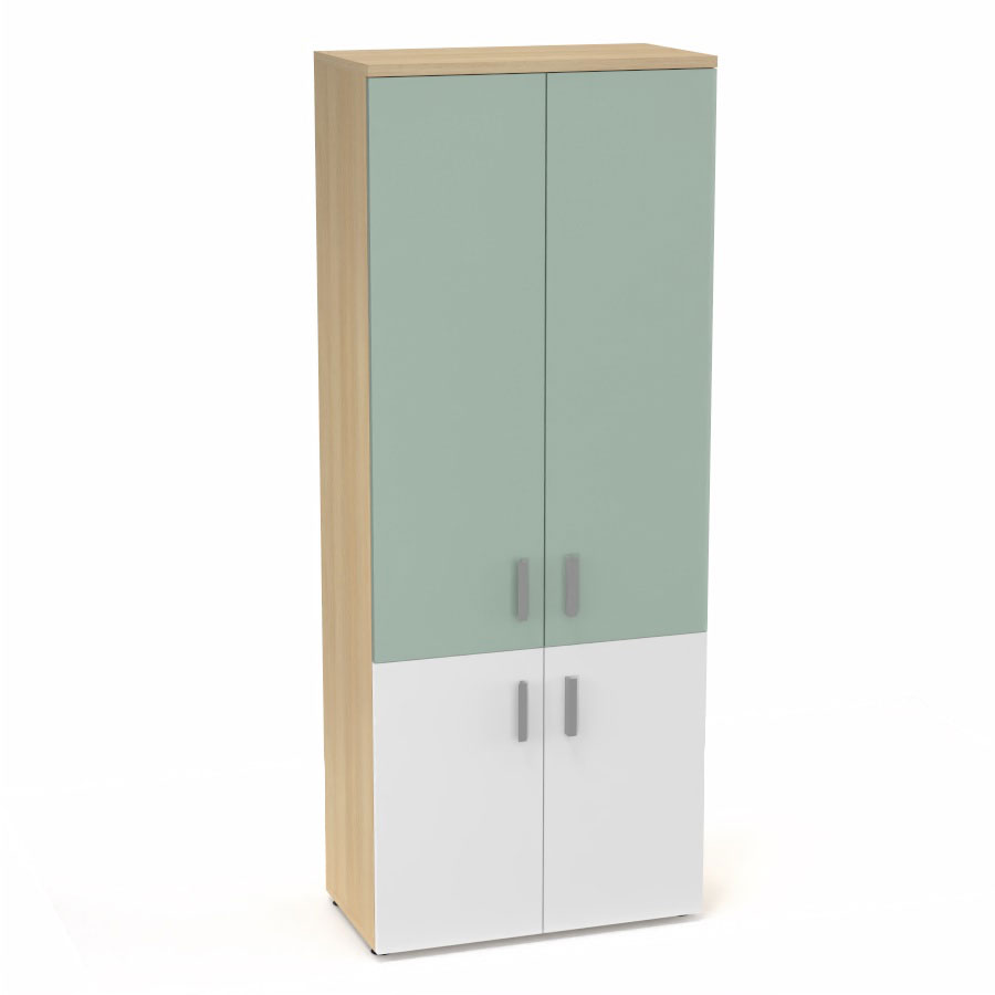 Armoire mlamine Armand 4 tablettes H. 202,1 x L. 80 x P. 43,2 cm corps et top finition mlamine chne clair avec 2 portes soft-closing H 73,5 cm mlamine blanc neige et 2 portes H. 133,5 cm verre maill blanc