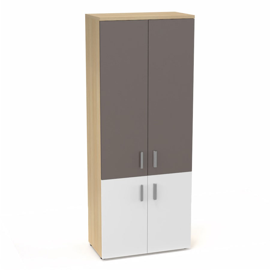 Armoire mlamine Armand 4 tablettes H. 202,1 x L. 80 x P. 43,2 cm corps et top finition mlamine chne clair avec 2 portes soft-closing H 73,5 cm mlamine blanc neige et 2 portes H. 133,5 cm verre maill gris souris