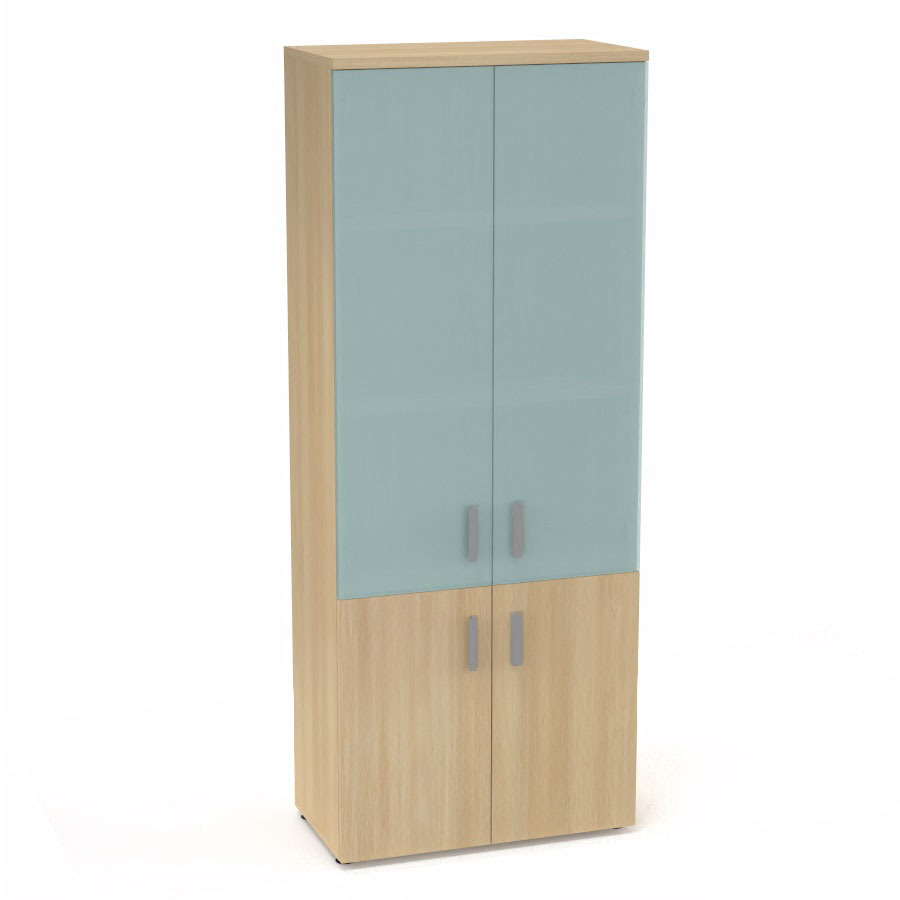 Armoire mlamine Armand 4 tablettes H. 202,1 x L. 80 x P. 43,2 cm corps et top finition mlamine chne clair avec 2 portes soft-closing H 73,5 cm mlamine chne clair et 2 portes H. 133,5 cm verre dpoli transparent