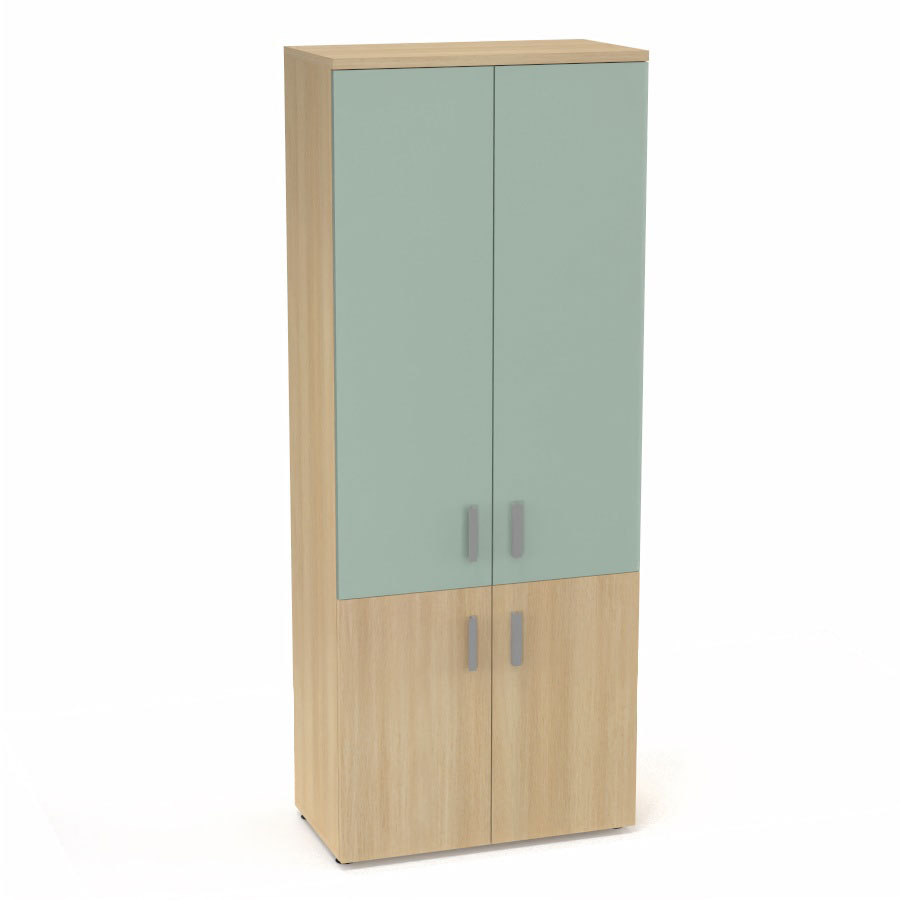 Armoire mlamine Armand 4 tablettes H. 202,1 x L. 80 x P. 43,2 cm corps et top finition mlamine chne clair avec 2 portes soft-closing H 73,5 cm mlamine chne clair et 2 portes H. 133,5 cm verre maill blanc
