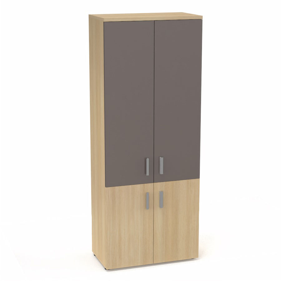 Armoire mlamine Armand 4 tablettes H. 202,1 x L. 80 x P. 43,2 cm corps et top finition mlamine chne clair avec 2 portes soft-closing H 73,5 cm mlamine chne clair et 2 portes H. 133,5 cm verre maill gris souris