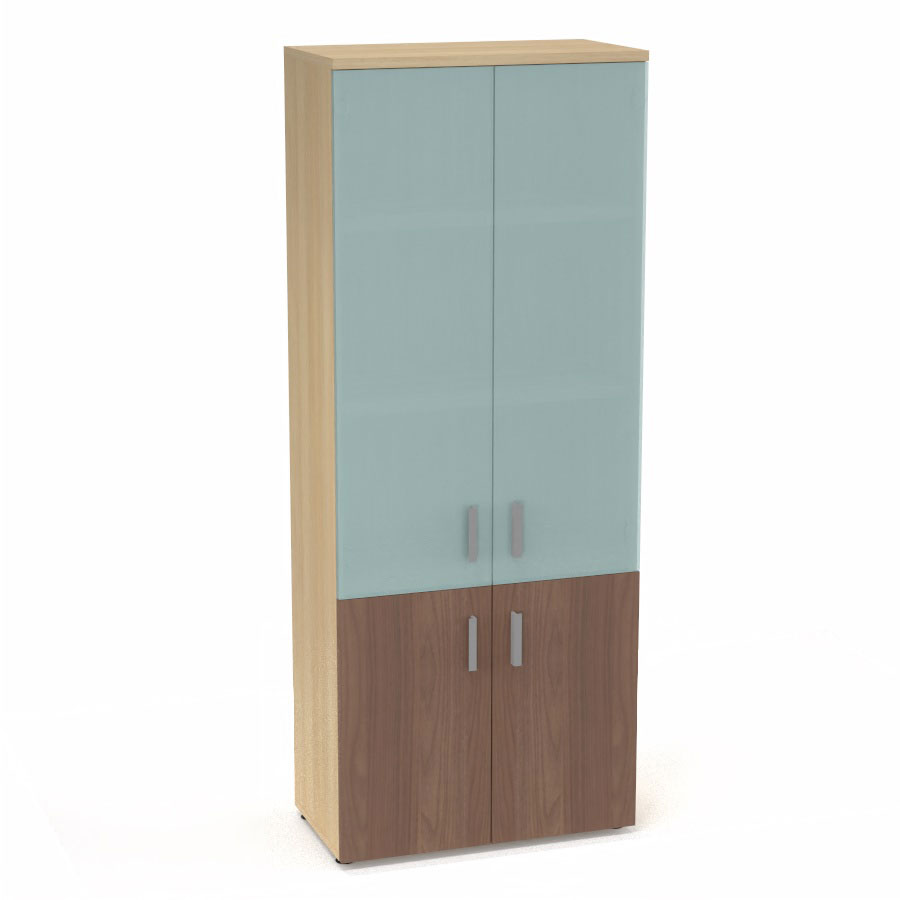 Armoire mlamine Armand 4 tablettes H. 202,1 x L. 80 x P. 43,2 cm corps et top finition mlamine chne clair avec 2 portes soft-closing H 73,5 cm mlamine noyer ambr et 2 portes H. 133,5 cm verre dpoli transparent