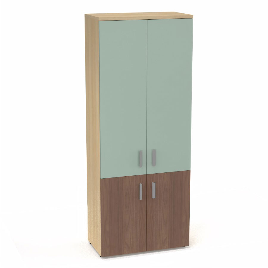 Armoire m�lamine Armand 4 tablettes H. 202,1 x L. 80 x P. 43,2 cm corps et top finition m�lamine ch�ne clair avec 2 portes soft-closing H 73,5 cm m�lamine noyer ambr� et 2 portes H. 133,5 cm verre �maill� blanc