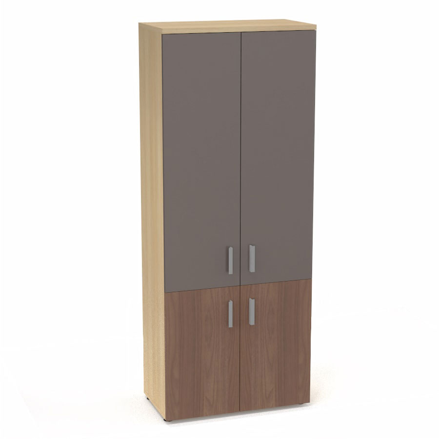 Armoire m�lamine Armand 4 tablettes H. 202,1 x L. 80 x P. 43,2 cm corps et top finition m�lamine ch�ne clair avec 2 portes soft-closing H 73,5 cm m�lamine noyer ambr� et 2 portes H. 133,5 cm verre �maill� gris souris