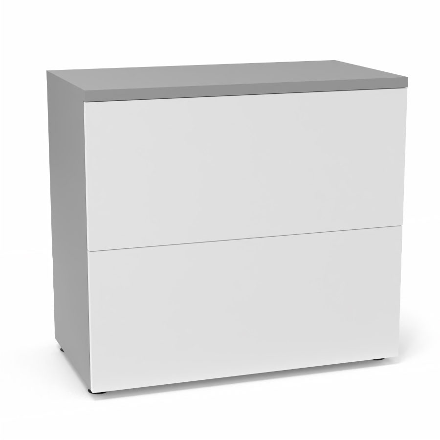 Classeur 2 tiroirs Armand H. 73,5 x L. 80 x P. 43,2 cm corps et top finition mlamine gris aluminium avec 2 tiroirs pour dossiers suspendus mlamine blanc neige
