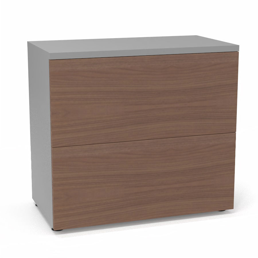 Classeur 2 tiroirs Armand H. 73,5 x L. 80 x P. 43,2 cm corps et top finition mlamine gris aluminium avec 2 tiroirs pour dossiers suspendus mlamine noyer ambr