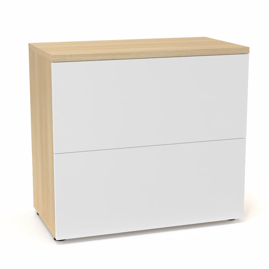 Classeur 2 tiroirs Armand H. 73,5 x L. 80 x P. 43,2 cm corps et top finition mlamine chne clair avec 2 tiroirs pour dossiers suspendus mlamine blanc neige