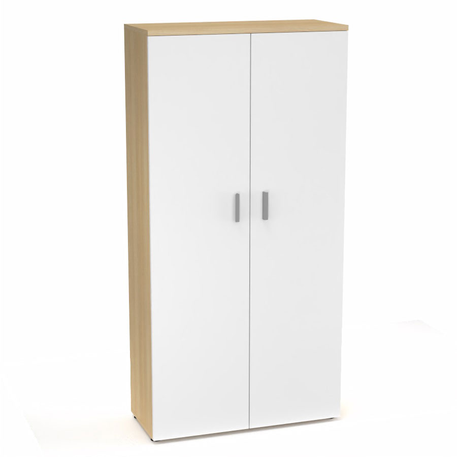 Armoire mlamine Armand 4 tablettes H. 202,1 x L. 100 x P. 43,2 cm corps et top finition mlamine chne clair avec 2 portes soft-closing mlamine blanc neige