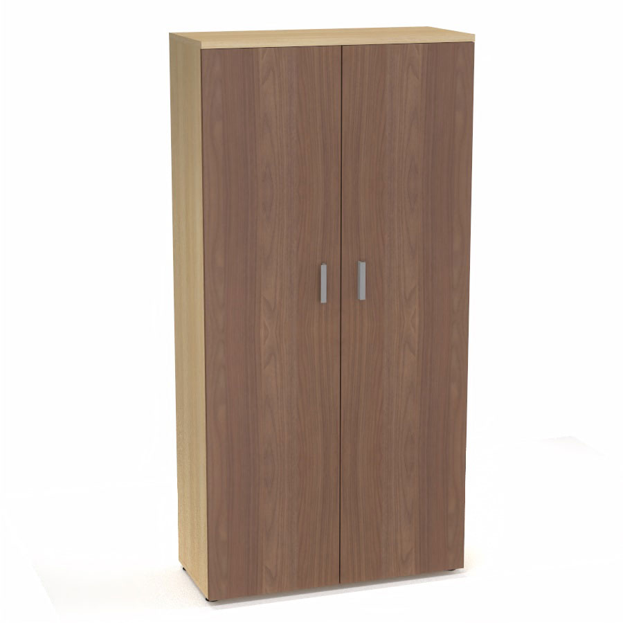 Armoire mlamine Armand 4 tablettes H. 202,1 x L. 100 x P. 43,2 cm corps et top finition mlamine chne clair avec 2 portes soft-closing mlamine noyer ambr