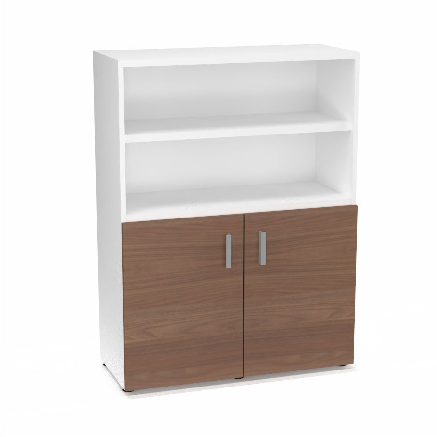 Armoire bibliothque Armand mlamine 3 tablettes H. 133,5 x L. 100 x P. 43,2 cm corps et top finition mlamine blanc neige avec 2 portes H. 735 cm mlamine noyer ambr