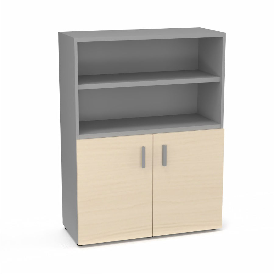 Armoire bibliothque Armand mlamine 3 tablettes H. 133,5 x L. 100 x P. 43,2 cm corps et top finition mlamine gris aluminium avec 2 portes H. 735 cm mlamine rable blanc