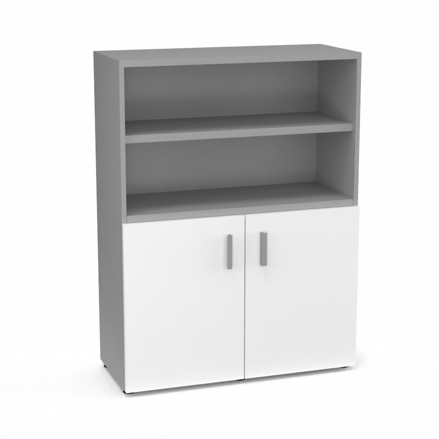 Armoire bibliothque Armand mlamine 3 tablettes H. 133,5 x L. 100 x P. 43,2 cm corps et top finition mlamine gris aluminium avec 2 portes H. 735 cm mlamine blanc neige