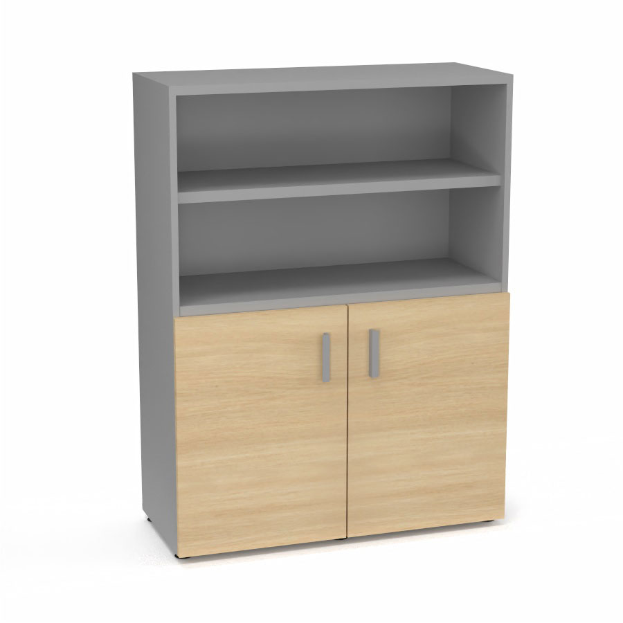 Armoire bibliothque Armand mlamine 3 tablettes H. 133,5 x L. 100 x P. 43,2 cm corps et top finition mlamine gris aluminium avec 2 portes H. 735 cm mlamine chne clair