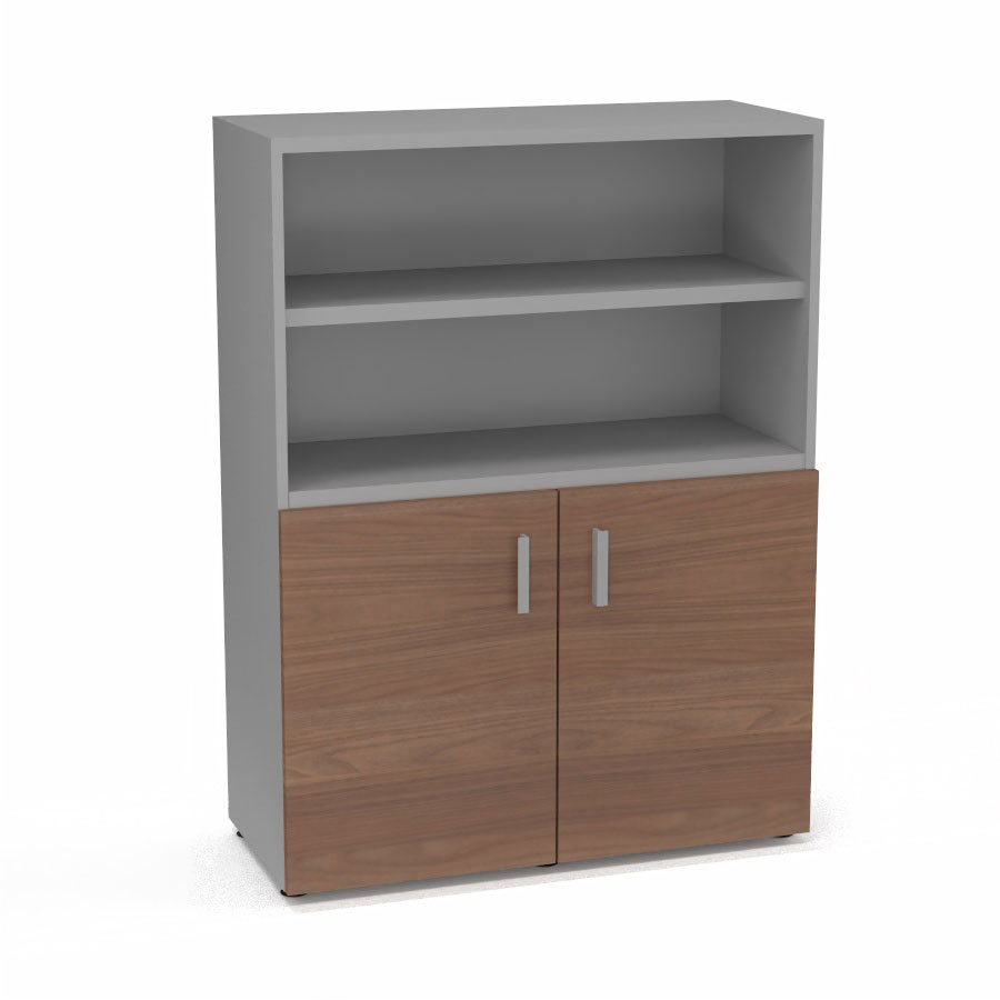 Armoire bibliothque Armand mlamine 3 tablettes H. 133,5 x L. 100 x P. 43,2 cm corps et top finition mlamine gris aluminium avec 2 portes H. 735 cm mlamine noyer ambr