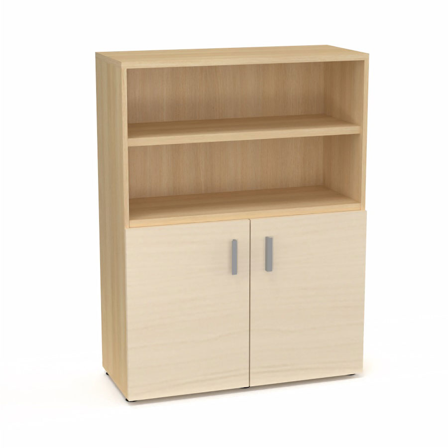 Armoire bibliothque Armand mlamine 3 tablettes H. 133,5 x L. 100 x P. 43,2 cm corps et top finition mlamine chne clair avec 2 portes H. 735 cm mlamine rable blanc