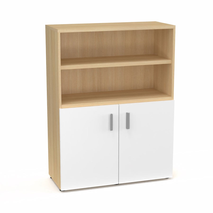 Armoire bibliothque Armand mlamine 3 tablettes H. 133,5 x L. 100 x P. 43,2 cm corps et top finition mlamine chne clair avec 2 portes H. 735 cm mlamine blanc neige