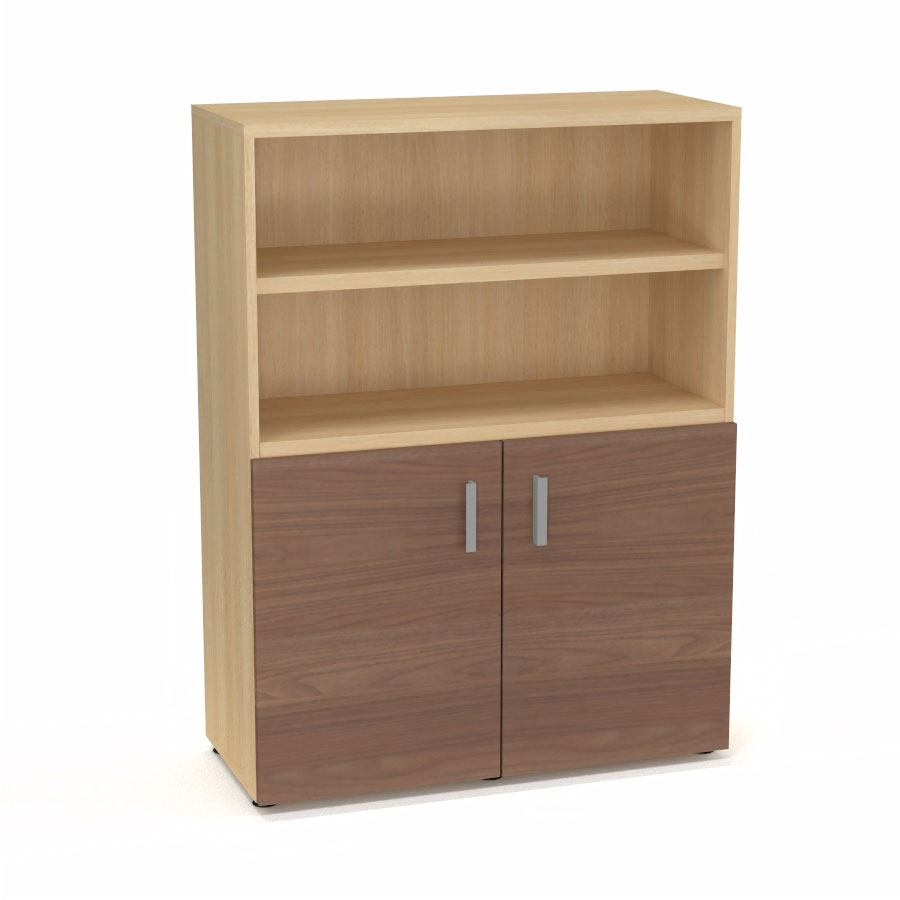 Armoire bibliothque Armand mlamine 3 tablettes H. 133,5 x L. 100 x P. 43,2 cm corps et top finition mlamine chne clair avec 2 portes H. 735 cm mlamine noyer ambr