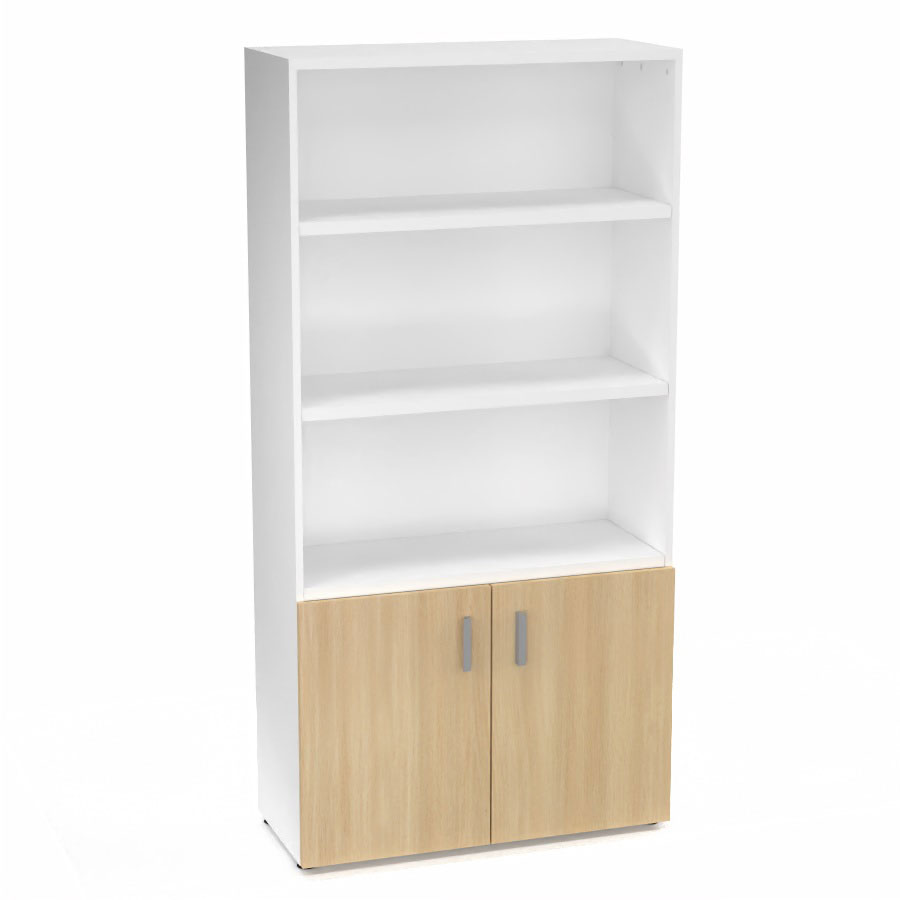Armoire bibliothque Armand mlamine 4 tablettes H. 202,1 x L. 100 x P. 43,2 cm corps et top finition mlamine blanc neige avec 2 portes H. 735 cm mlamine chne clair