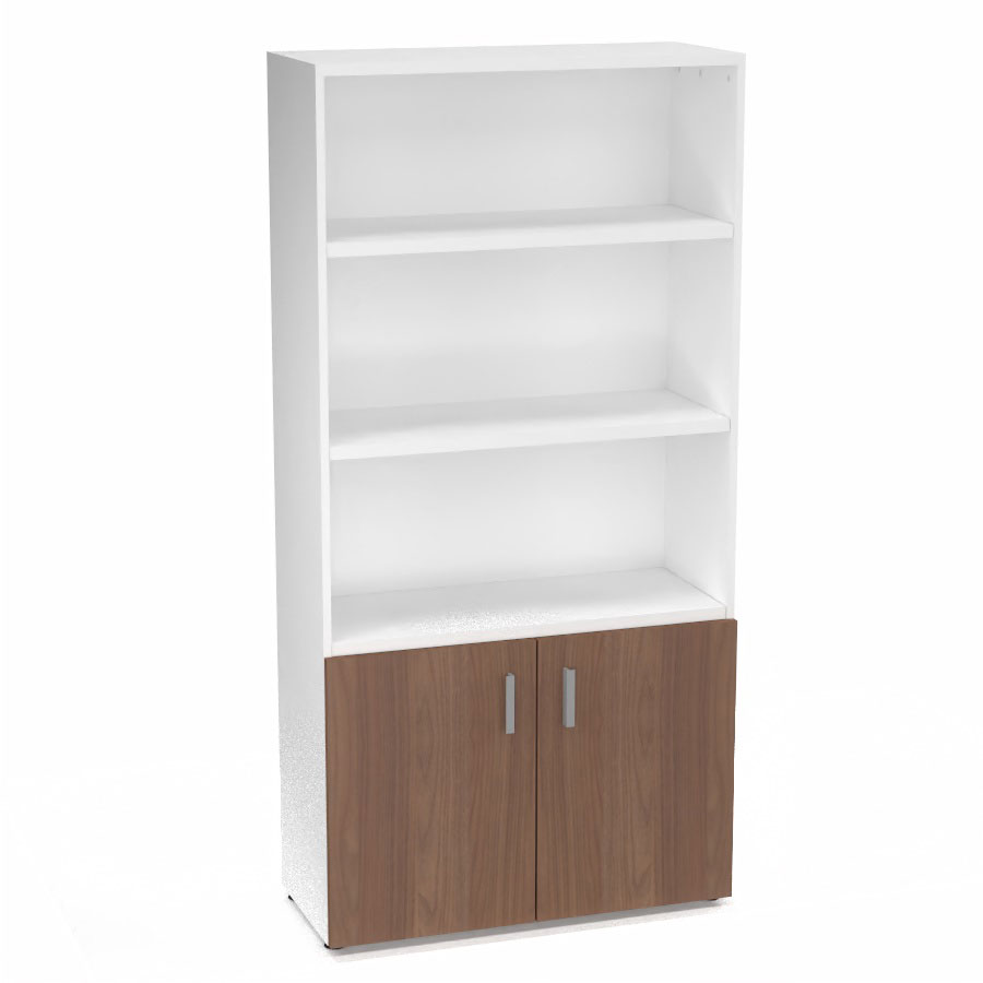 Armoire bibliothque Armand mlamine 4 tablettes H. 202,1 x L. 100 x P. 43,2 cm corps et top finition mlamine blanc neige avec 2 portes H. 735 cm mlamine noyer ambr