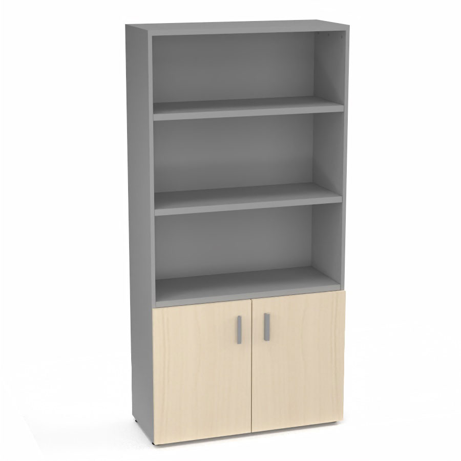 Armoire bibliothque Armand mlamine 4 tablettes H. 202,1 x L. 100 x P. 43,2 cm corps et top finition mlamine gris aluminium avec 2 portes H. 735 cm mlamine rable blanc