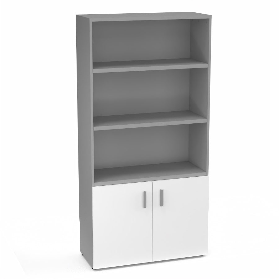 Armoire bibliothque Armand mlamine 4 tablettes H. 202,1 x L. 100 x P. 43,2 cm corps et top finition mlamine gris aluminium avec 2 portes H. 735 cm mlamine blanc neige