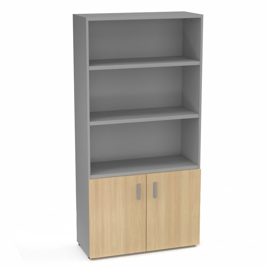 Armoire bibliothque Armand mlamine 4 tablettes H. 202,1 x L. 100 x P. 43,2 cm corps et top finition mlamine gris aluminium avec 2 portes H. 735 cm mlamine chne clair