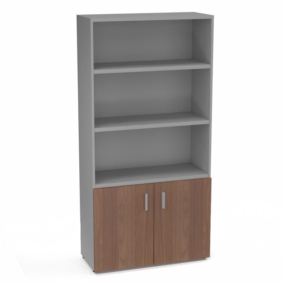 Armoire bibliothque Armand mlamine 4 tablettes H. 202,1 x L. 100 x P. 43,2 cm corps et top finition mlamine gris aluminium avec 2 portes H. 735 cm mlamine noyer ambr