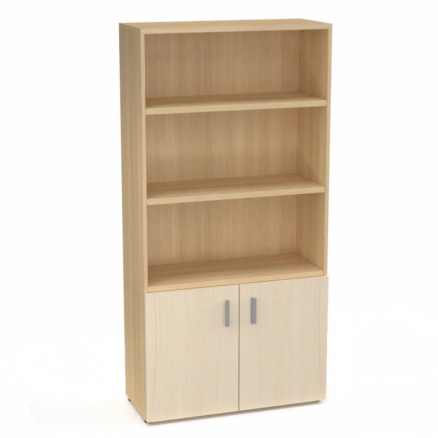 Armoire bibliothque Armand mlamine 4 tablettes H. 202,1 x L. 100 x P. 43,2 cm corps et top finition mlamine chne clair avec 2 portes H. 735 cm mlamine rable blanc