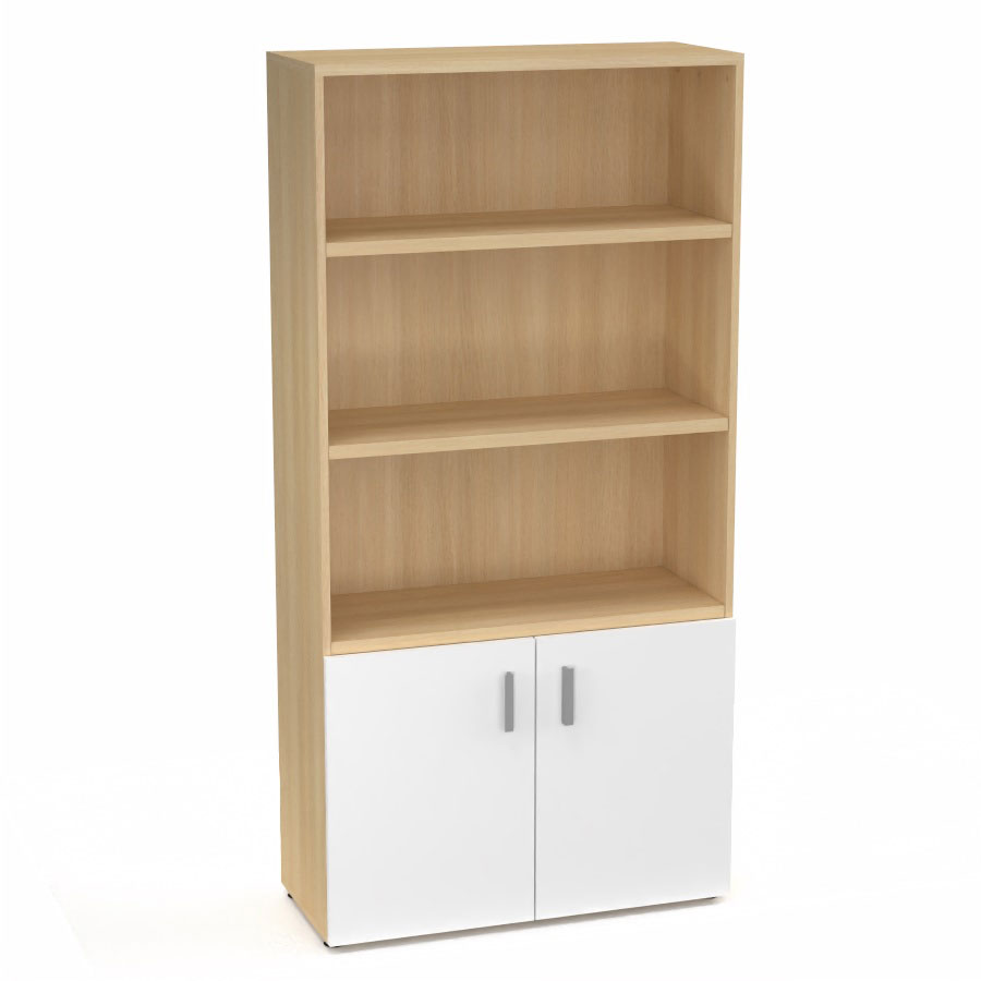 Armoire bibliothque Armand mlamine 4 tablettes H. 202,1 x L. 100 x P. 43,2 cm corps et top finition mlamine chne clair avec 2 portes H. 735 cm mlamine blanc neige