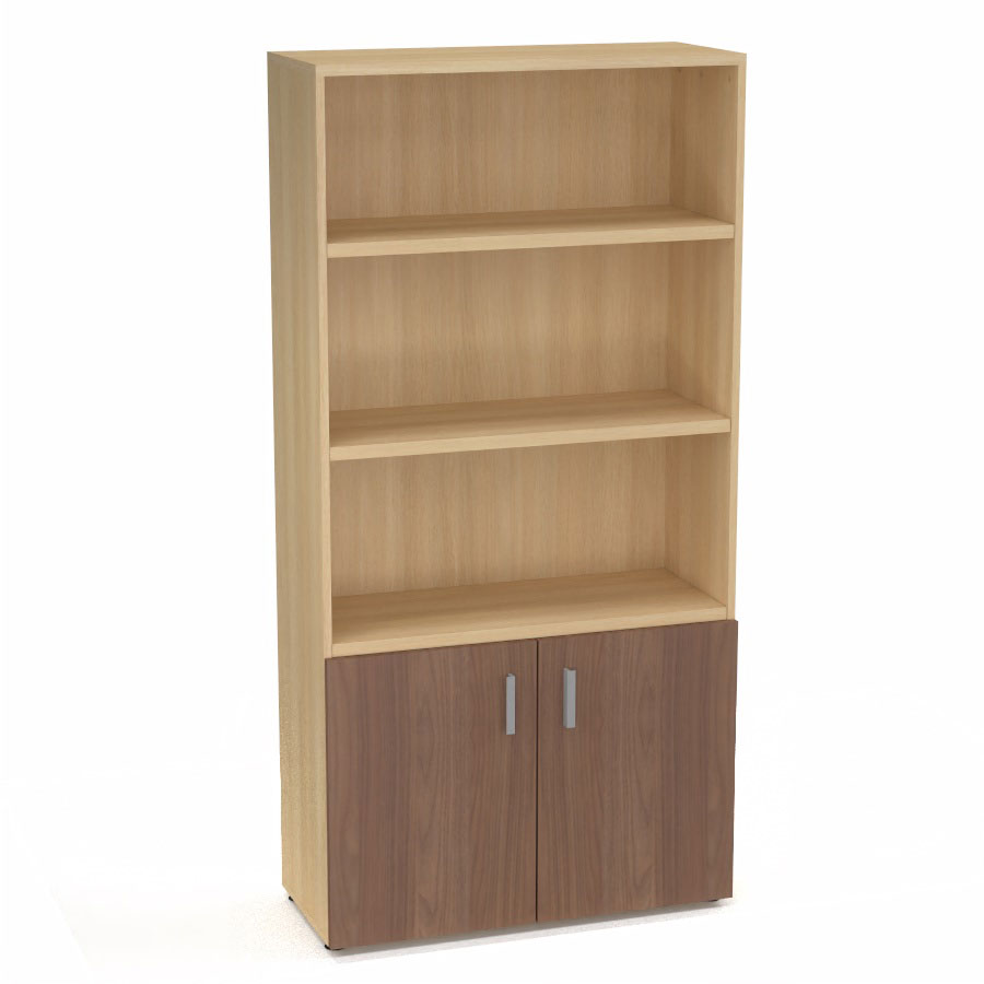 Armoire bibliothque Armand mlamine 4 tablettes H. 202,1 x L. 100 x P. 43,2 cm corps et top finition mlamine chne clair avec 2 portes H. 735 cm mlamine noyer ambr