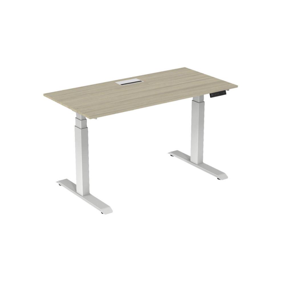 Bureau �lectrique hauteur r�glable Nova L160 cm plateau avec top access Ch�ne - pieds m�tal Blanc