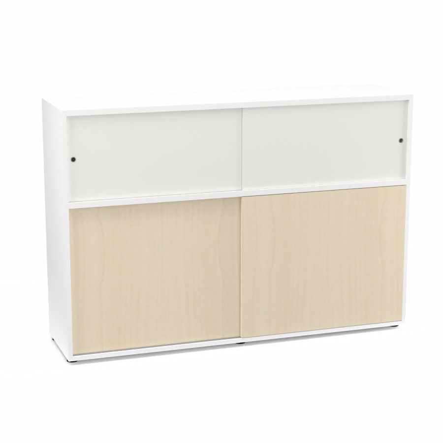 Meuble comptoir sparateur Armand H. 135 x L. 165 x P. 43,2 cm - 2 tablettes - corps mlamine blanc neige - portes mlamine rable blanc/altuglas blanc satin