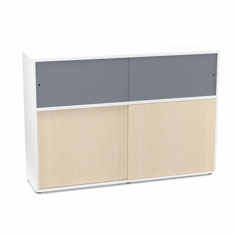 Meuble comptoir sparateur Armand H. 135 x L. 165 x P. 43,2 cm - 2 tablettes - corps mlamine blanc neige - portes mlamine rable blanc/altuglas gris fum