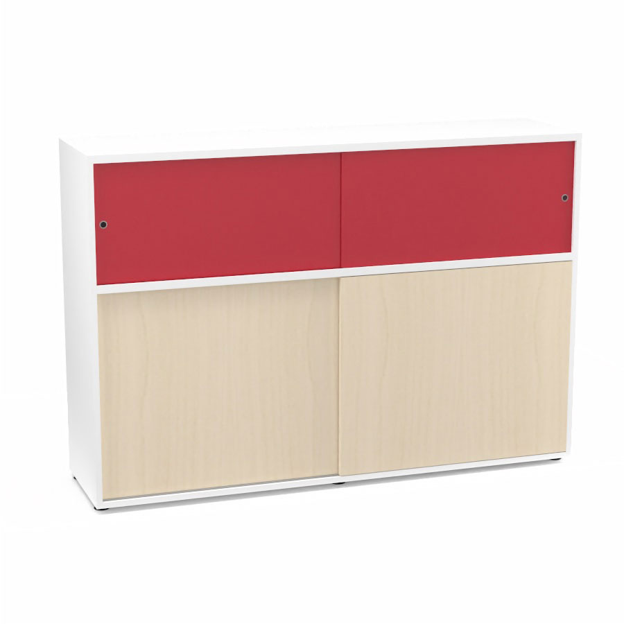 Meuble comptoir sparateur Armand H. 135 x L. 165 x P. 43,2 cm - 2 tablettes - corps mlamine blanc neige - portes mlamine rable blanc/altuglas rouge satin