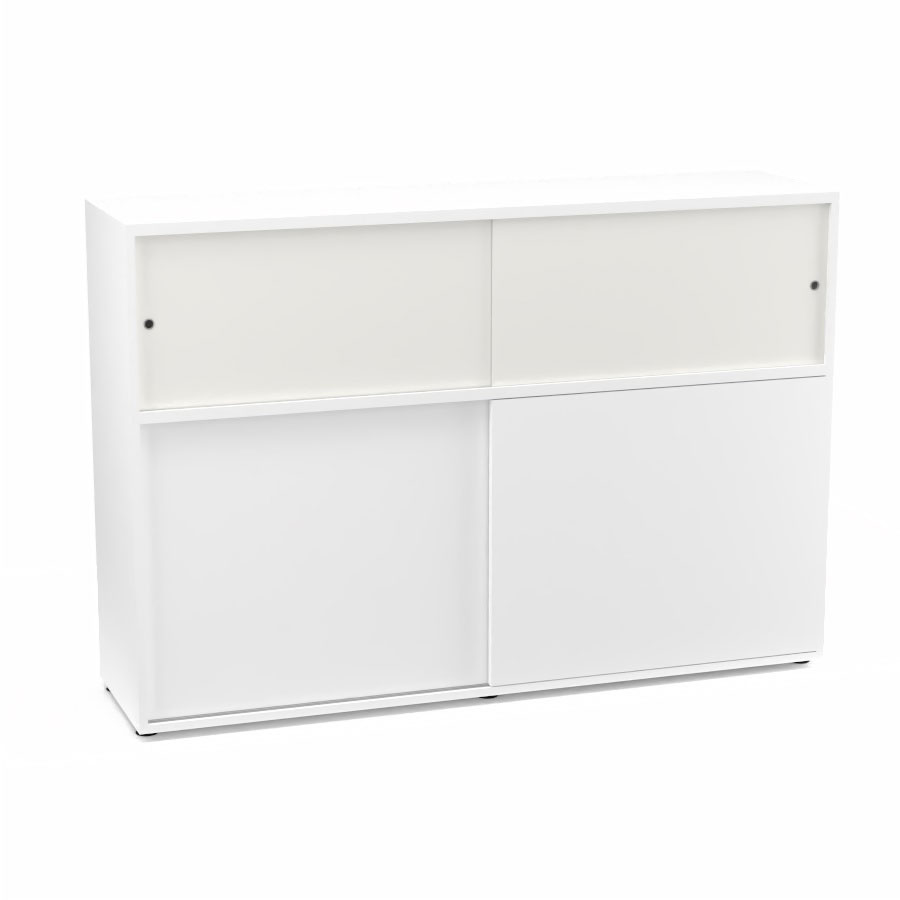 Meuble comptoir sparateur Armand H. 135 x L. 165 x P. 43,2 cm - 2 tablettes - corps mlamine blanc neige - portes mlamine blanc neige/altuglas blanc satin