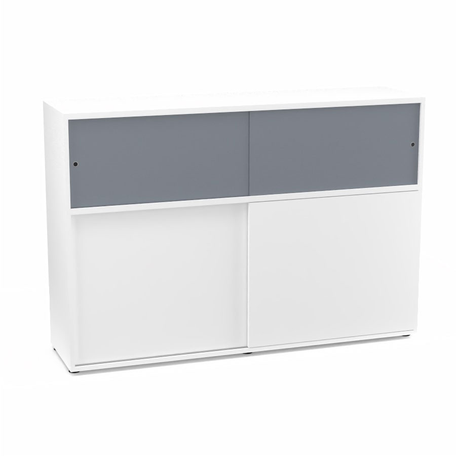 Meuble comptoir sparateur Armand H. 135 x L. 165 x P. 43,2 cm - 2 tablettes - corps mlamine blanc neige - portes mlamine blanc neige/altuglas gris fum