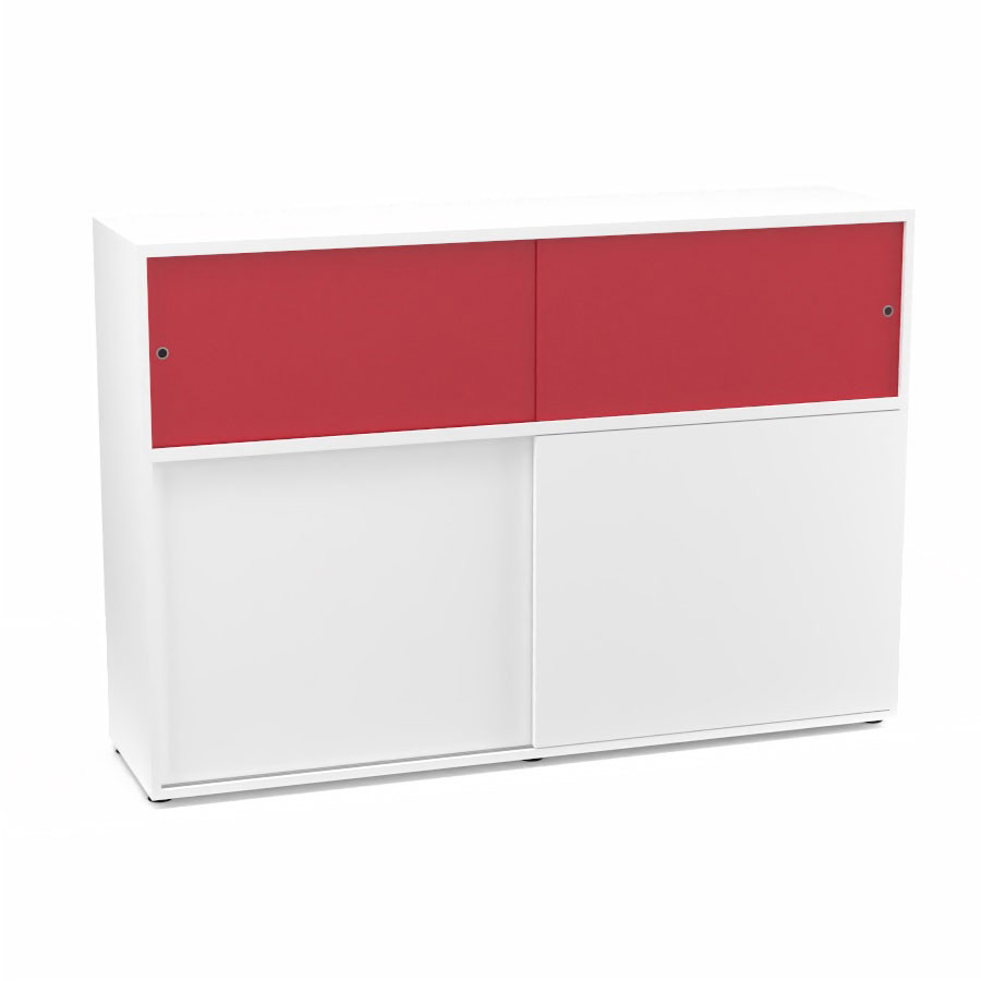 Meuble comptoir sparateur Armand H. 135 x L. 165 x P. 43,2 cm - 2 tablettes - corps mlamine blanc neige - portes mlamine blanc neige/altuglas rouge satin
